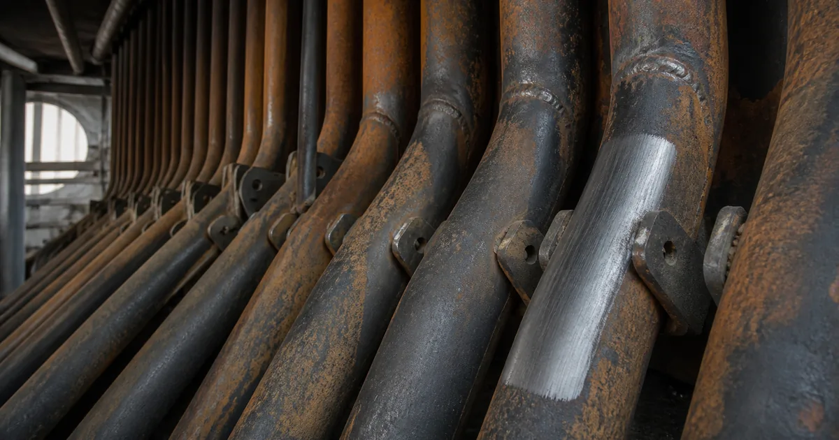 Dense boiler tube bends and welds with scale, oxidation, and a cleaned comparison area