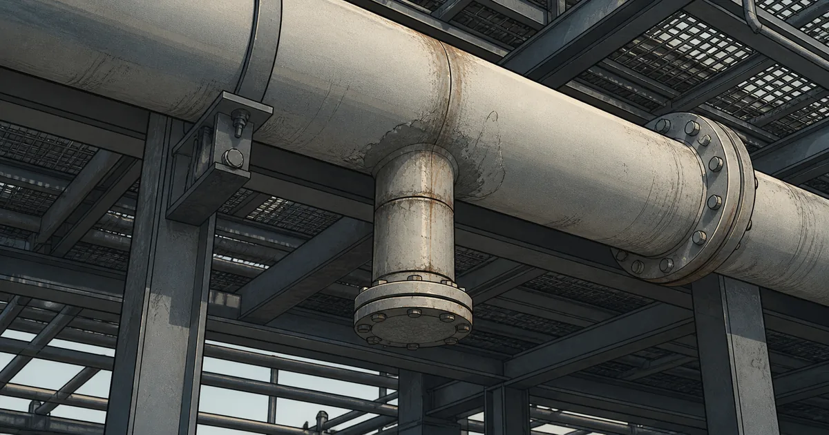 Downward process-pipe branch ending at a blind flange with staining around the low point