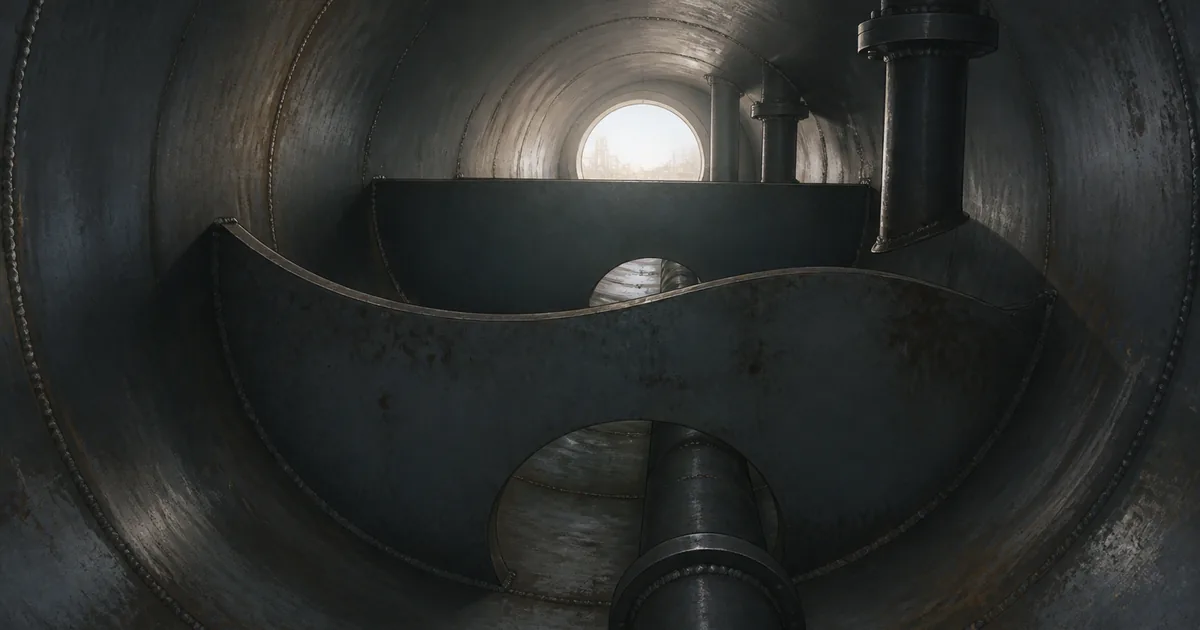 Interior of a steel process vessel with baffles, narrow openings, and restricted sightlines