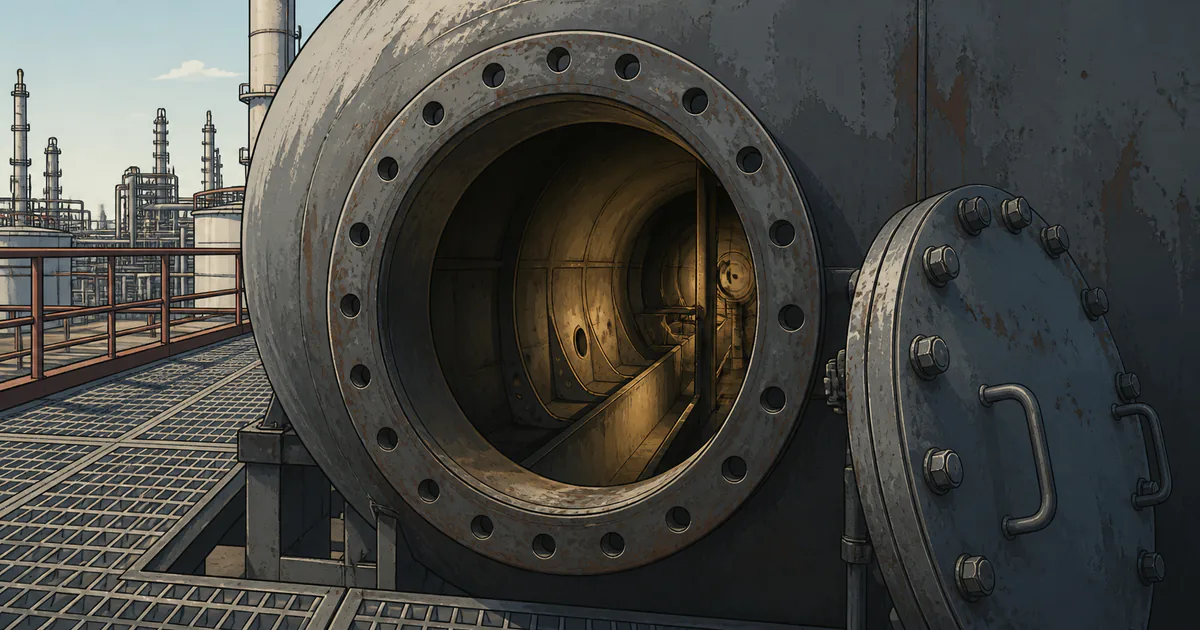 Illustration of an open process-vessel manway revealing constrained internal geometry and surface wear