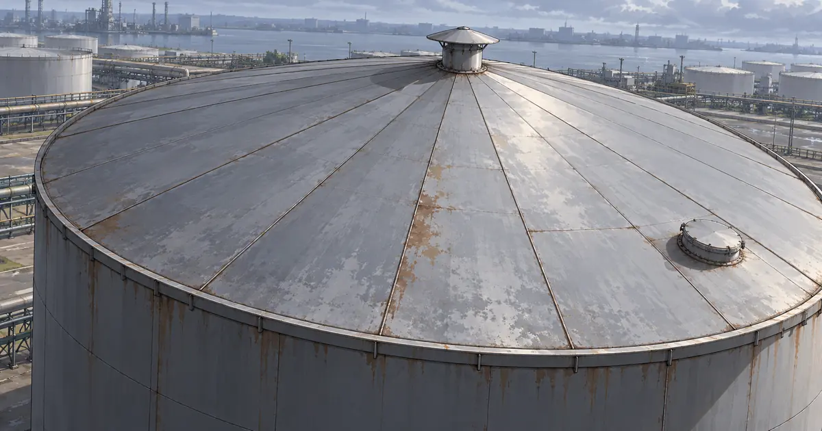 Illustration of a fixed steel tank roof with plate seams, a vent and a hatch defining separate inspection zones