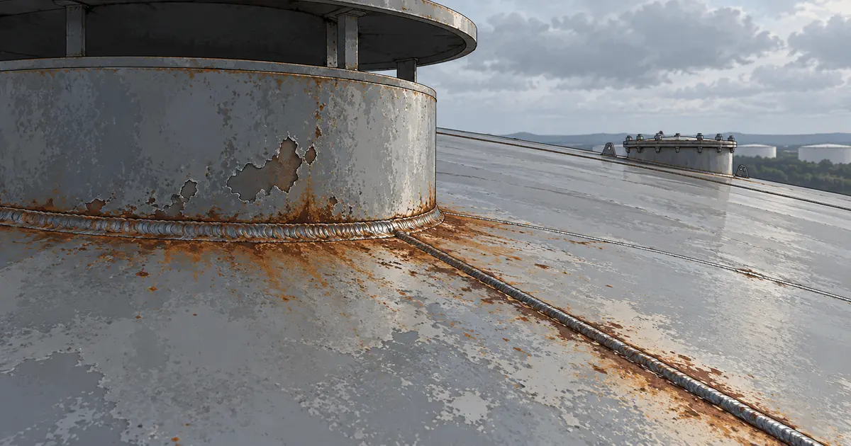 Illustration of weathered coating at a fixed tank roof vent curb beside a raised plate seam