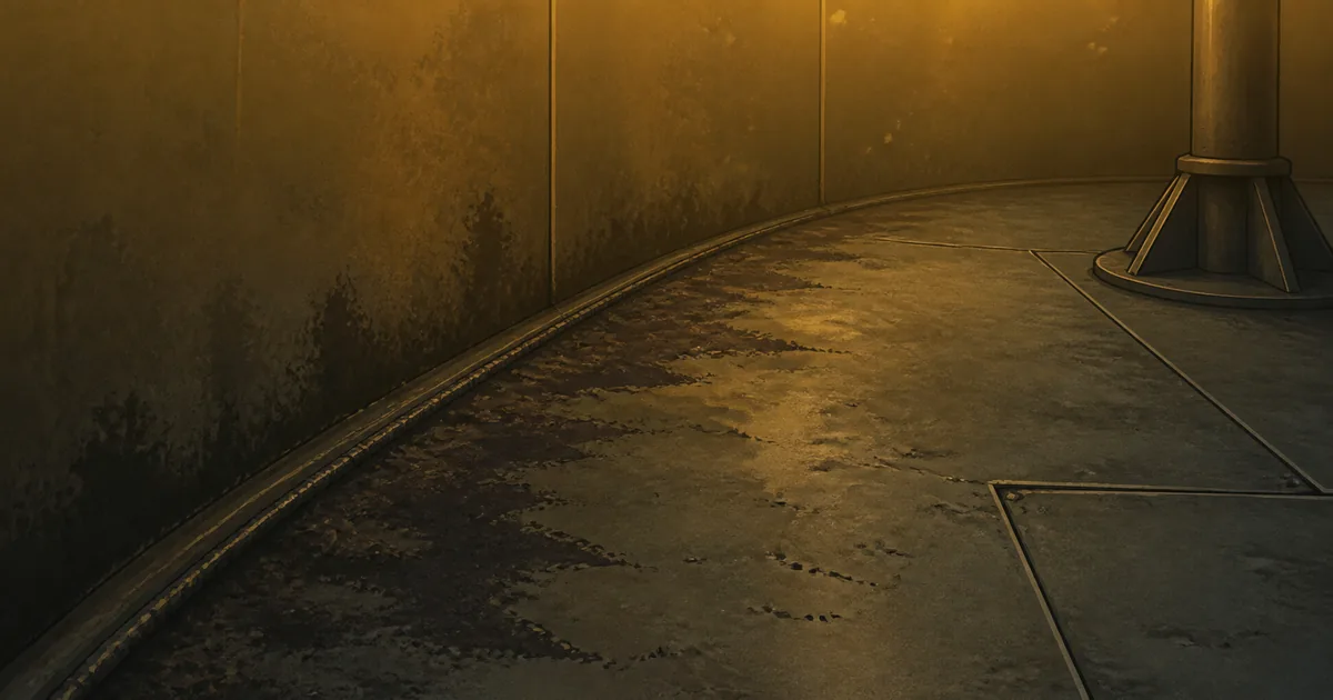 Storage-tank annular plate and shell-to-floor weld beneath amber liquid with visible staining