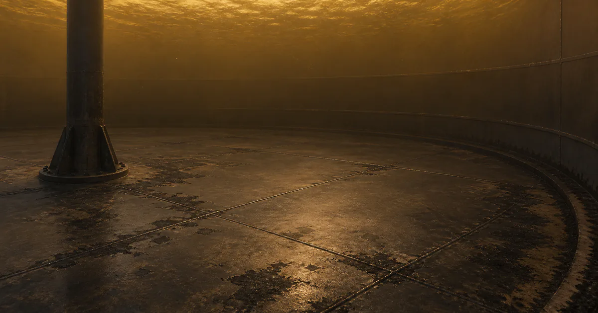 Illustration of welded storage-tank floor plates and visible staining beneath amber liquid