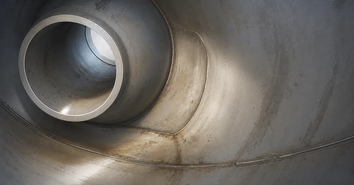 Interior pressure-vessel nozzle and reinforcing pad with weld seams and localized surface wear