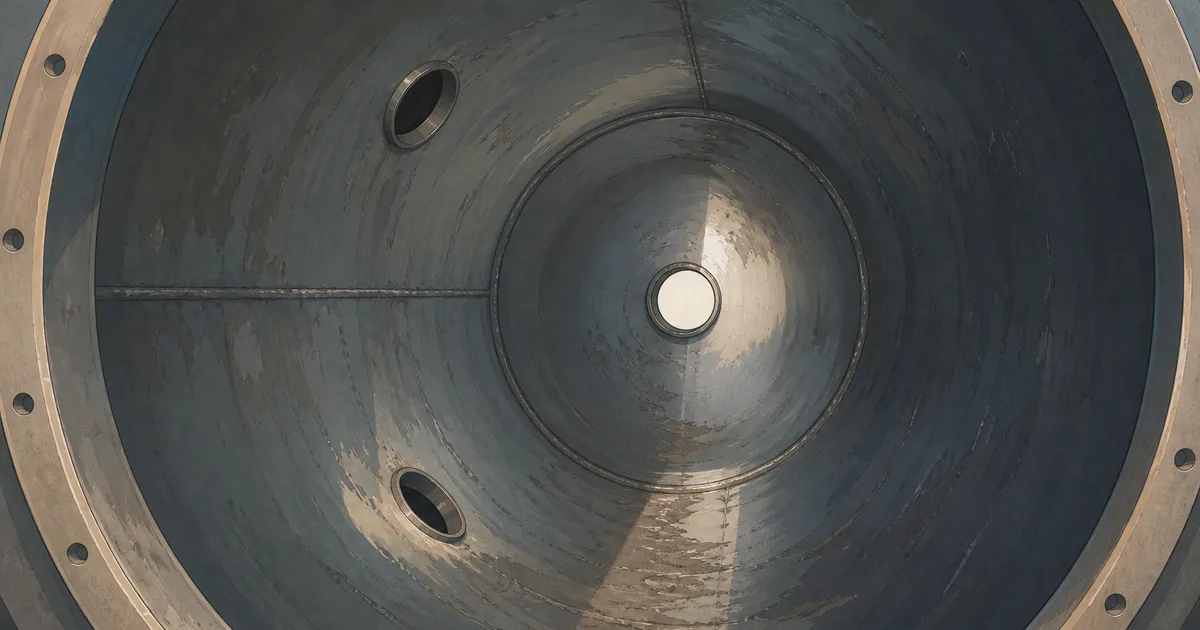 Illustration of weld seams, nozzles, and surface wear inside a steel pressure vessel