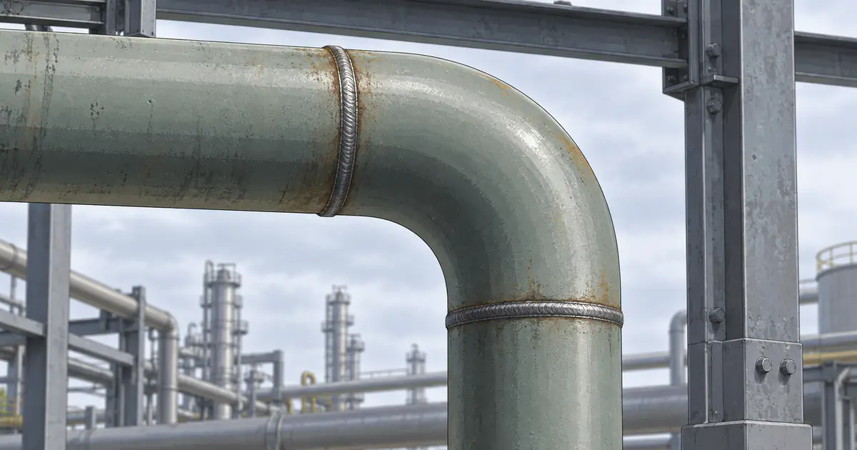 Illustration of a process-piping elbow with horizontal and vertical tangents, visible girth welds and fixed plant structure for orientation