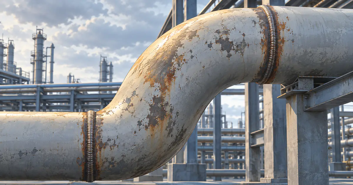 Illustration of a process-piping elbow with visible weld boundaries and weathered coating for UT thickness-mapping planning
