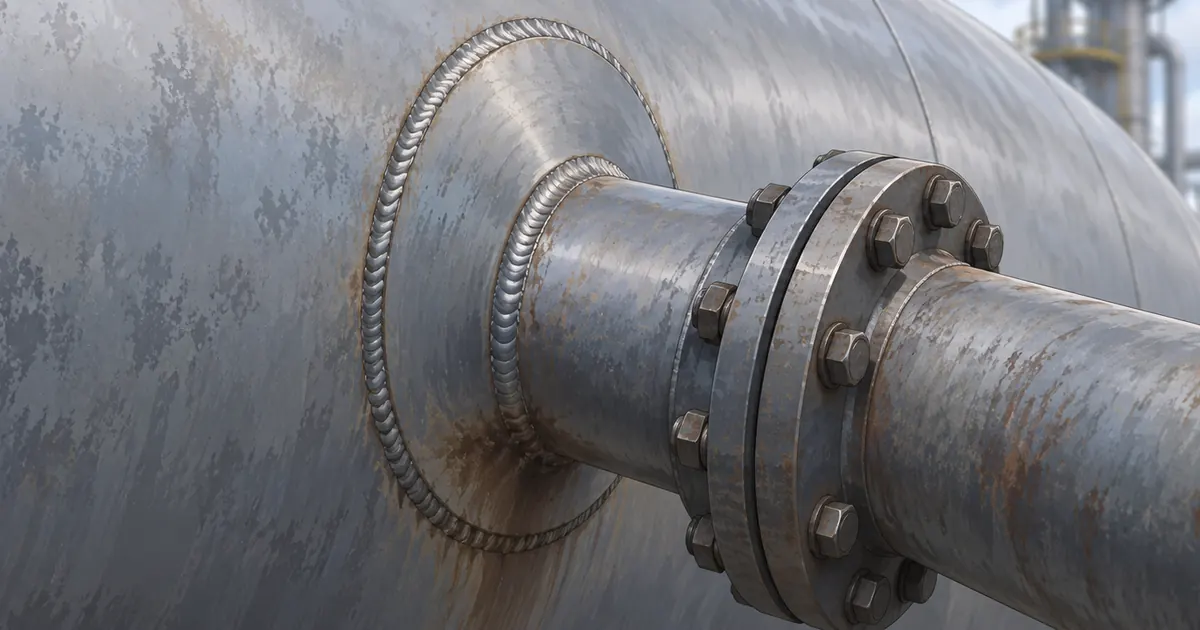 Illustration of a pressure-vessel nozzle with a reinforcing pad, welded neck and bolted pipe connection