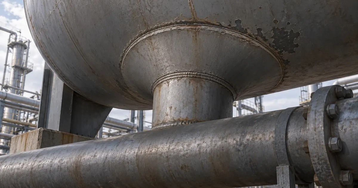 Illustration looking upward at the weathered lower nozzle pad and neck, with permanent pipework blocking part of the view