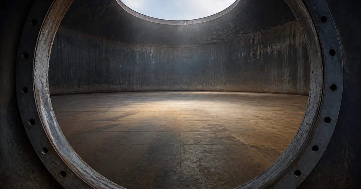 View through an open manway into a drained storage tank prepared for internal inspection