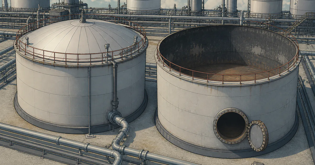 Illustration comparing a closed operating storage tank with an adjacent tank opened for internal inspection