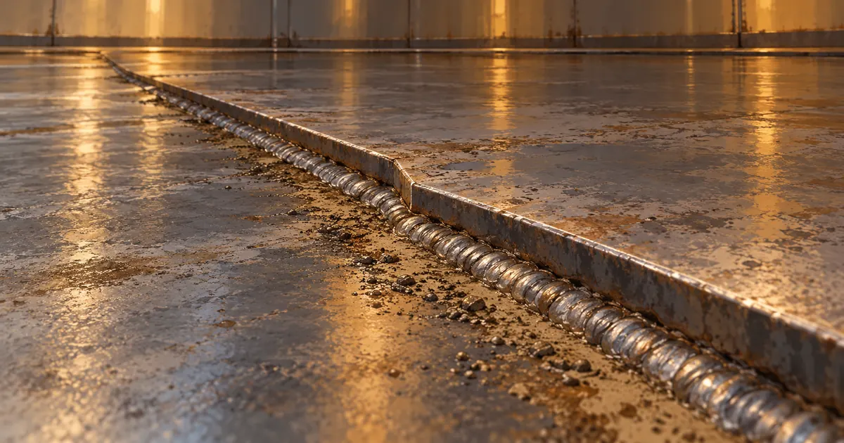 Illustration of a raised steel tank-floor lap seam with a weld bead and sediment beside the open plate