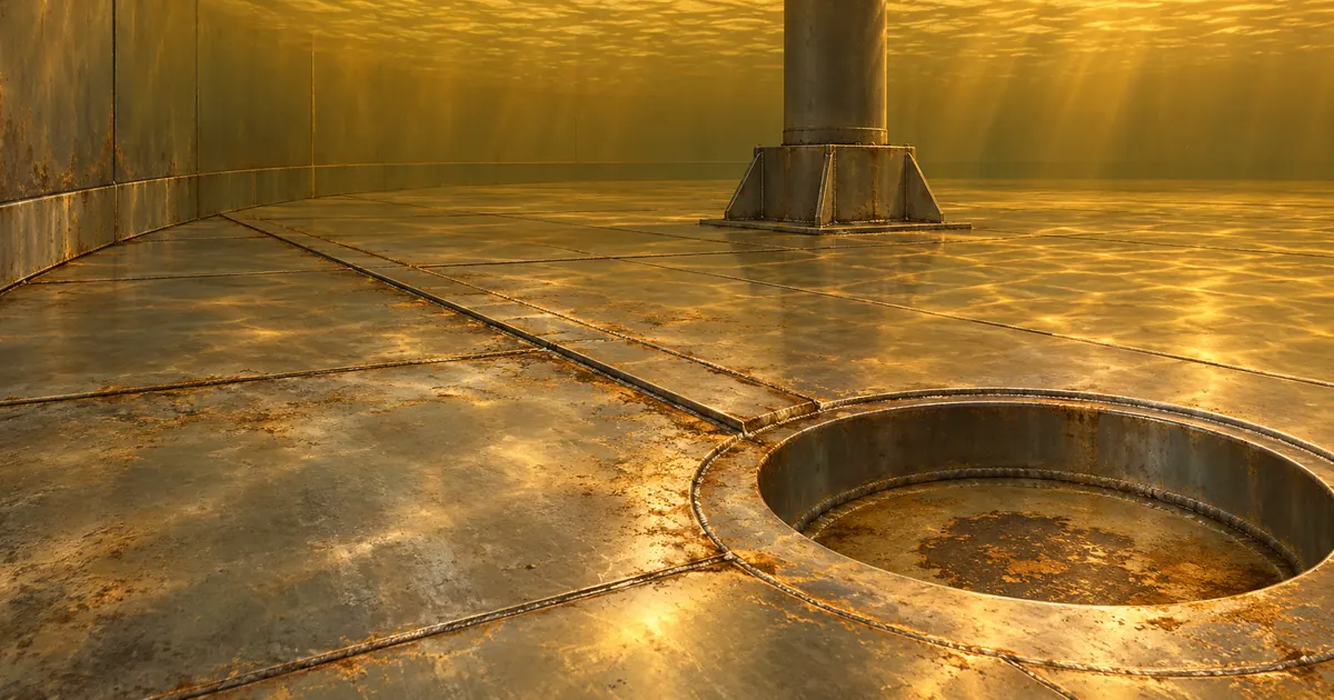 Illustration of a submerged steel tank bottom with a recessed sump, raised plate seam, annular band and fixed support