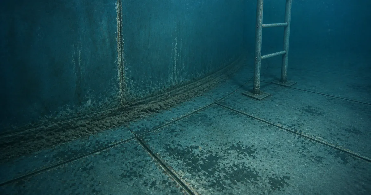 Submerged water-tank shell-to-floor junction with a ladder, sediment, and localized coating wear
