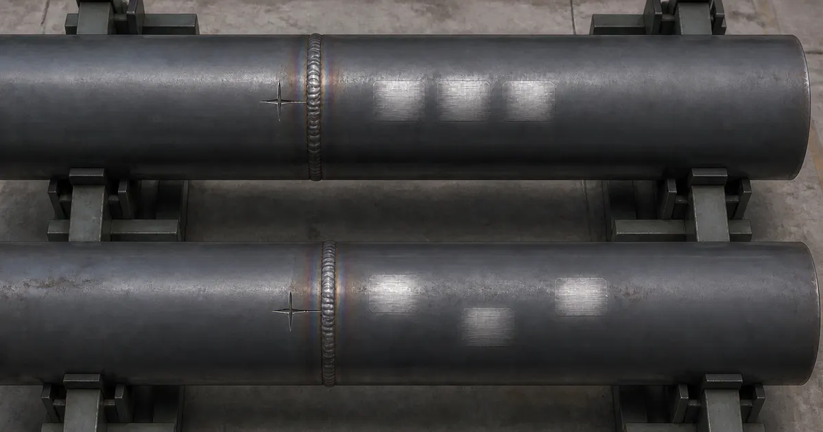 Illustration comparing aligned and shifted surface-preparation windows referenced from pipe weld datums
